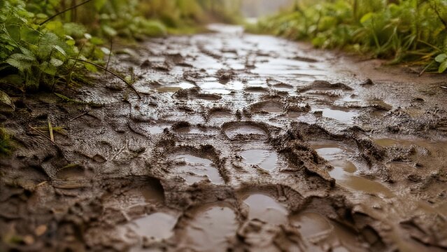 disorganized. Close-up of a muddy path after rain, showing disorganized footprints in wet earth. tutorial guides, club newsletters, designed for sports & leisure club marketing, used by radiologists.