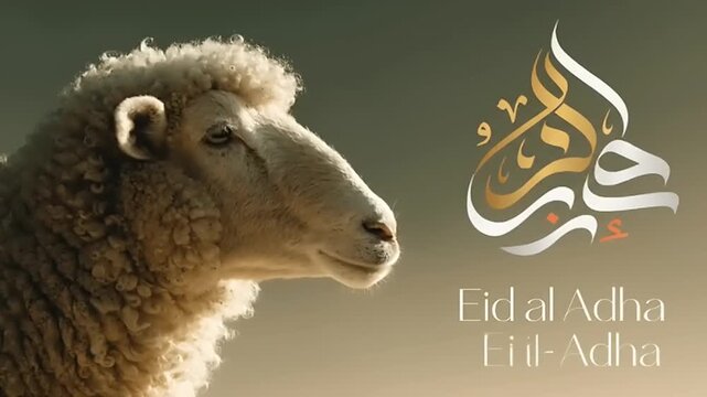 Eid al Adha sheep portrait with Arabic calligraphy.