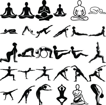 Yoga set of various yoga poses silhouettes