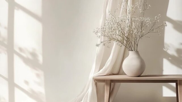 Bright sunlight shines into a room and creates shadows on the wall and floor. A vase with dry flowers sits on a wooden table near a curtain. This shows a cozy indoor moment