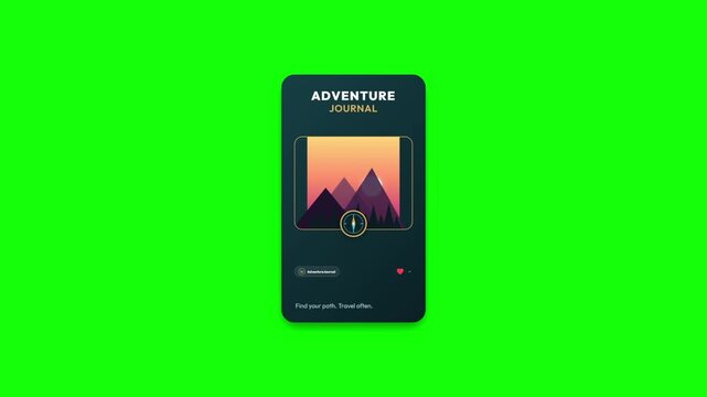 Smartphones displaying mountain landscape on green screen background with adventure theme