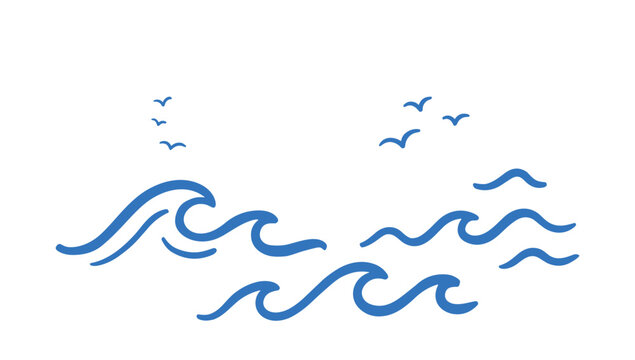 Ocean sea waves with flying birds isolated illustration in blue line art graphic style.