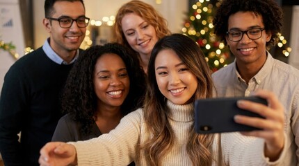 Fototapeta premium Diverse group of smiling colleagues taking collective selfie during office christmas party at night with lit tree and festive decorations