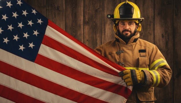 Proud firefighter holding an American flag against a wooden background for Labor Day tribute concept, representing brave first responders and national hero service