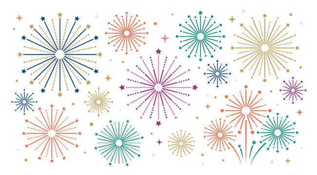 minimal fireworks vector background, simple geometric firework bursts with clean lines and dots