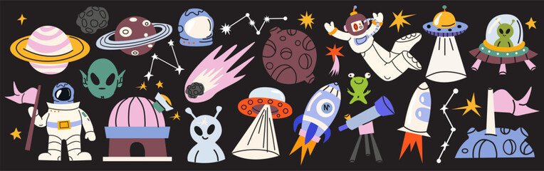 Large set of outer space and galaxy adventure cartoon elements. Vector universe stickers with astronauts, planets, rocket ships, alien, stars, comets and telescope on dark background © luamor