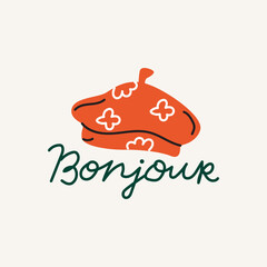 Minimalist vector illustration with classic French red beret with simple flowers patterns isolated on white background © luamor