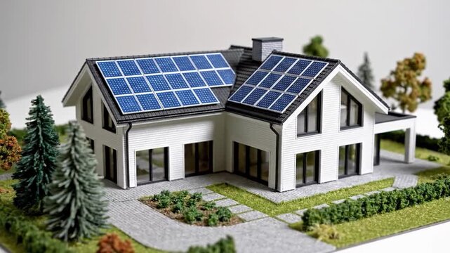 Miniature model of a modern white house featuring solar panels on the roof surrounded by tiny trees and landscaping