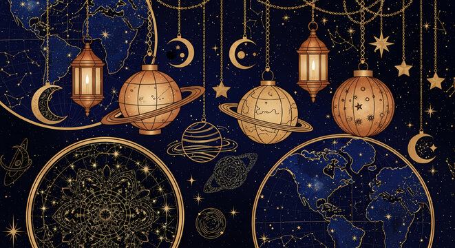 Stargazing celestial map and lanterns background