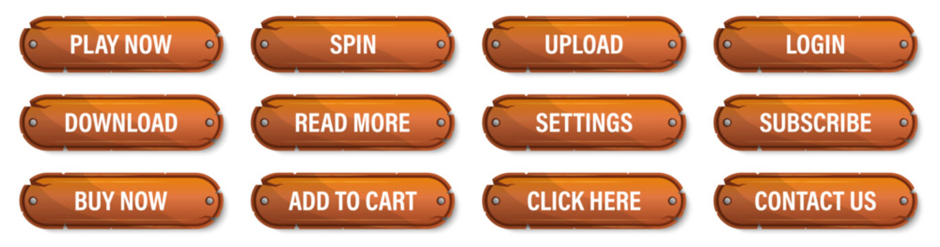 Wooden game button collection. Cartoon interface controls for applications and websites. Vector action elements with realistic texture