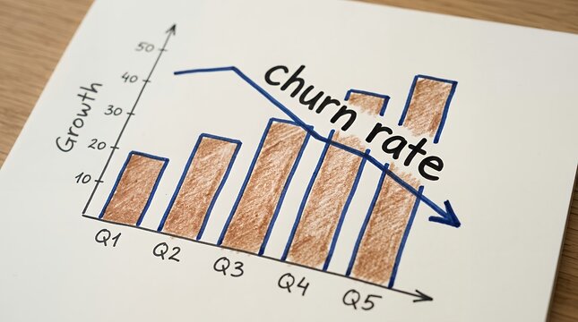A hand drawn bar chart illustrating a declining churn rate trend across five quarters labeled Q1 to Q5 with brown fill colors and blue outlines on a white sheet placed on a wooden surface