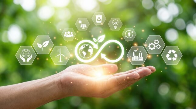 Sustainability concept circular economy illustration featuring human hand holding glowing infinity symbol with nature and industry icons floating above representing renewable