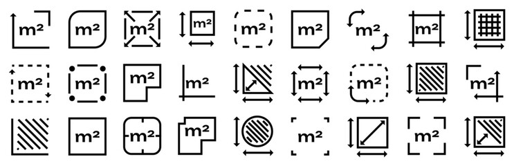 Area measurement icon collection. Various square meter symbols and dimension indicators. Simple geometric vector elements © top dog