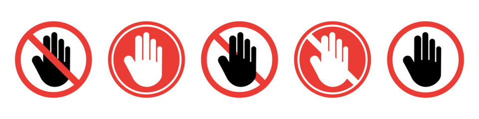 Obraz premium Stop hand symbol collection. Prohibition and restriction signs with palm icons. Safety vector warning elements