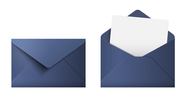 Dark blue realistic envelope, set of open,open with blank sheet paper inside