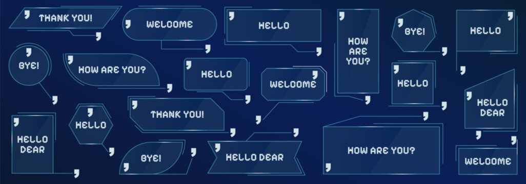 Futuristic speech bubble collection. Digital communication labels with technology inspired styling. Modern interface vector elements