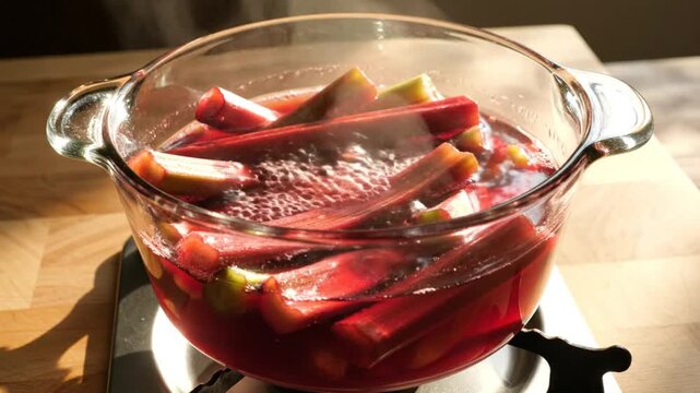 Boiling fresh rhubarb stalks in water in a clear glass bowl on a gas stovetop