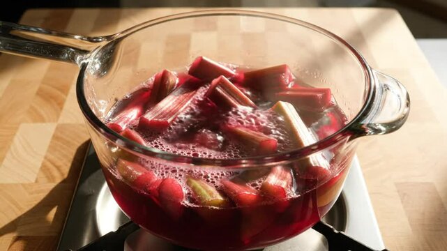 Simmering fresh rhubarb stalks in a glass saucepan on a gas stovetop for a homemade dessert recipe