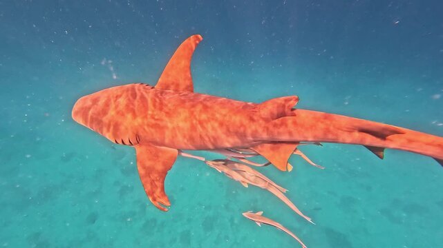 Nurse sharks Ginglymostoma cirratum move slowly through sea, surrounded by a crowd of remora fish . These marine predators coexist with various sea creatures in their natural habitat.