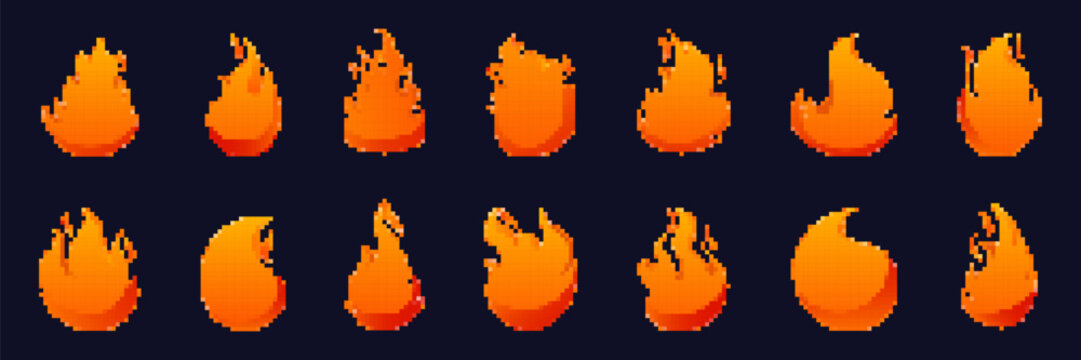 Pixel fire flame collection. Retro game style burning effects. Arcade inspired vector elements
