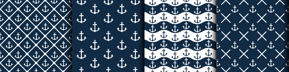 Nautical anchor pattern collection. Seamless maritime backgrounds with repeating symbols. Marine themed vector textures © top dog
