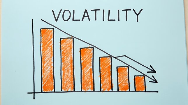 A hand drawn bar chart illustration titled volatility shows orange bars decreasing in height alongside a declining arrow line indicating financial market downturns or economic recession