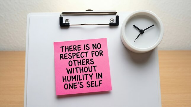 A pink sticky note attached to a white clipboard displays the message there is no respect for others without humility in one self positioned next to a round analog clock on a wooden desk