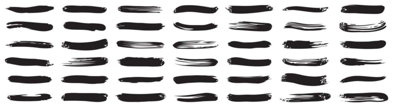 Black paint brush stroke collection. Rough artistic swashes with grunge texture edges. Vector hand drawn design elements