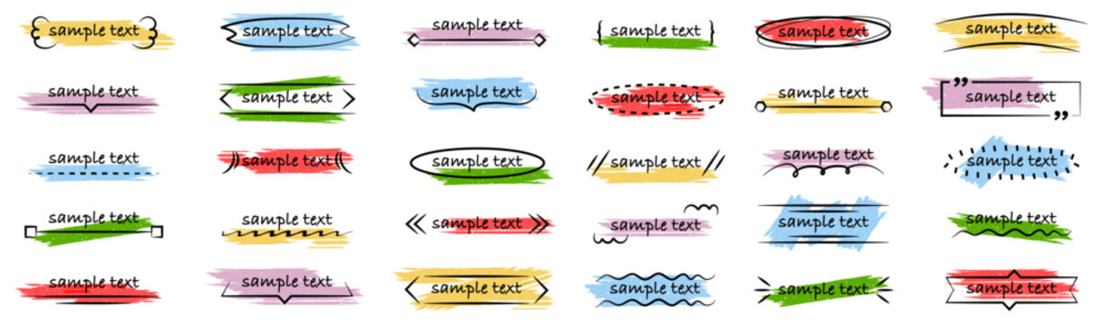 Hand drawn text frame collection. Colorful brush labels with decorative typography accents