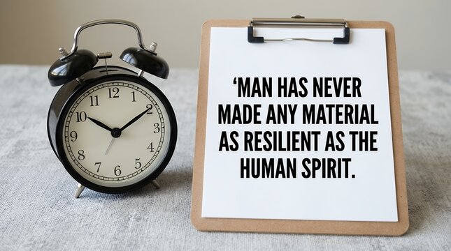 A black twin bell alarm clock sits next to a wooden clipboard holding a white sheet of paper that displays an inspirational quote about human resilience and the strength of the human spirit