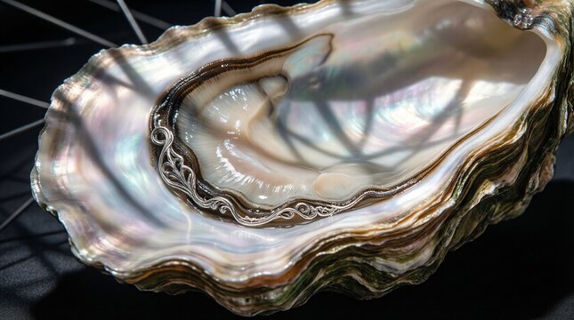 Elegant Oyster Shell with Intricate Silver Filigree Art