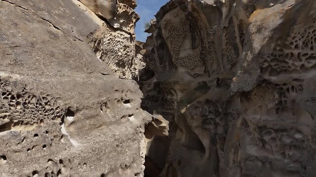 Aerial drone flying down canyon rock formation, Mangystau, Kazakhstan