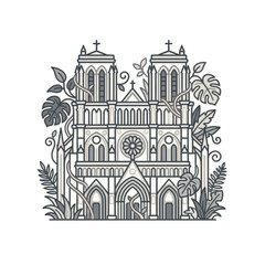 Obraz premium Line art of gothic cathedral facade covered in vines.