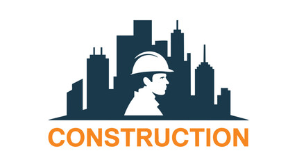Obraz premium City Skyline Icon with Firefighter Silhouette and Orange Construction Lettering on a Blue Background