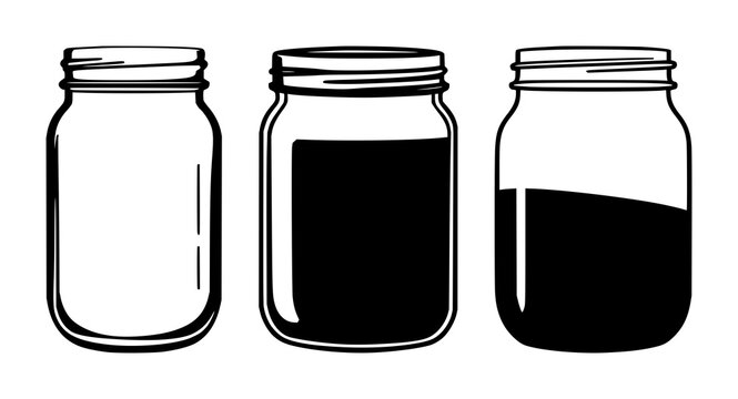 Zero-waste glass mason jar icons set with solid black lines on white background featuring sustainable, eco-friendly, reusable design with recycling and thrift symbols
