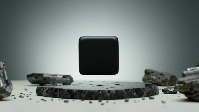 Minimalist black square container floating above charcoal stones in a professional studio setting