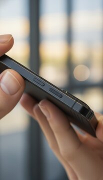 Close-up of a person holding a smartphone with focus on buttons and sleek design