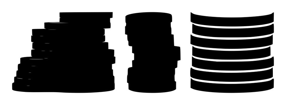 Digital coins set with compact stack of solid black icons on white background featuring digital coin art, currency symbols, monetary graphics with monochrome and flat illustration