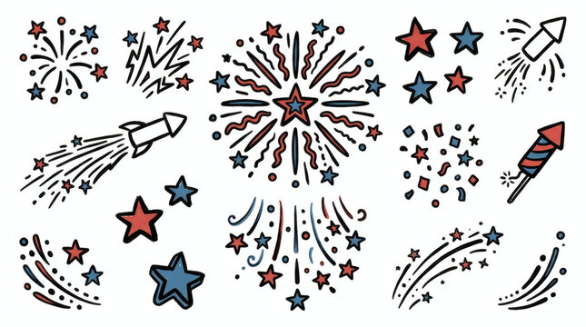 Hand-drawn fireworks and patriotic stars collection, red white and blue firework rockets and festive bursts, vintage doodle style celebration elements for Fourth of July and New Year