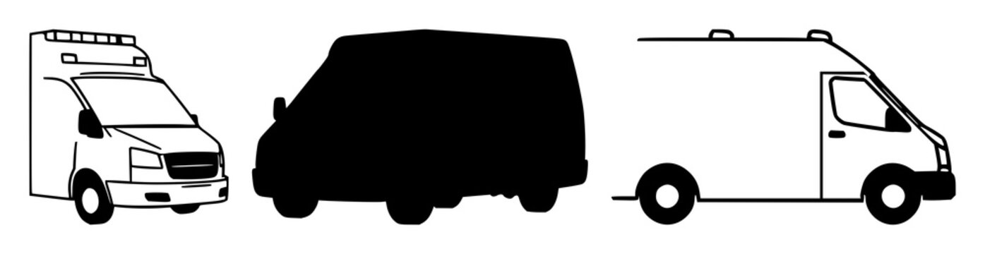 Medical ambulance icon set with solid black design featuring emergency vehicle, health transport, paramedic car with first aid and medical care