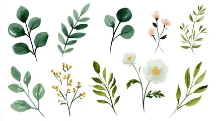 Obraz premium Set of luxury green leaves and flowers elements in watercolor and ink style