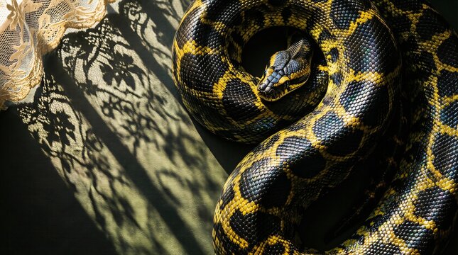 Coiled yellow and black snake with intricate lace fabric shadows