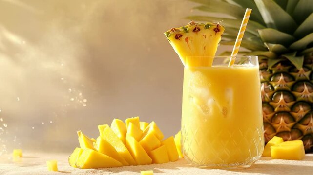 Fresh pineapple is cut into pieces and arranged on a table. A smoothie is prepared with the pineapple and served in a glass. The drink is garnished with a slice of pineapple