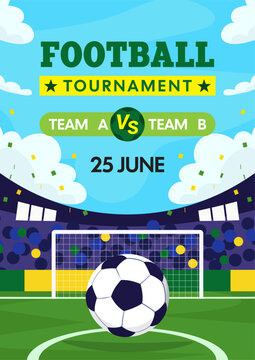 Football tournament poster design vector illustration. Sports day. Football stadium flat design