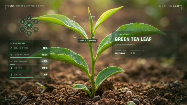 Green tea seedling growing in soil with futuristic data interface smart agriculture technology