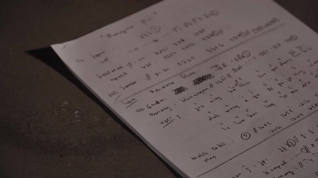 Top-down static shot of a handwritten notebook page or script or lyric resting on a wooden desk