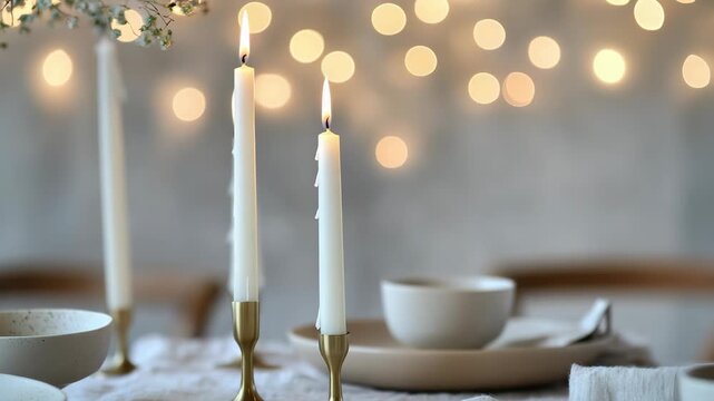 Candles flicker and soft lights glow as a table is set for dinner. Plates and cutlery are arranged neatly for an inviting meal. The atmosphere is warm and welcoming