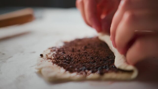 Close-up of hands folding dough with dark filling. Gentle, precise motions show care in food preparation. Scene highlights artisanal baking process. Ideal for recipes, culinary tutorials