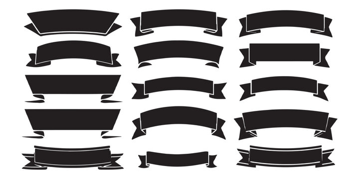 Set of solid black silhouette ribbon banners and vintage scrolls for text decoration template poster vector illustration.