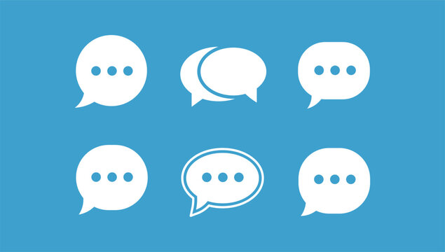 Six white speech bubbles with dots, arranged in two rows on a blue background, chat communication